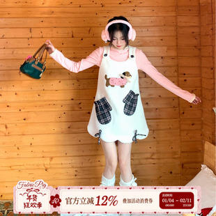 织物猪 腊肠小狗 粉白色甜美风毛呢连衣裙女小个子拼接无袖背心裙