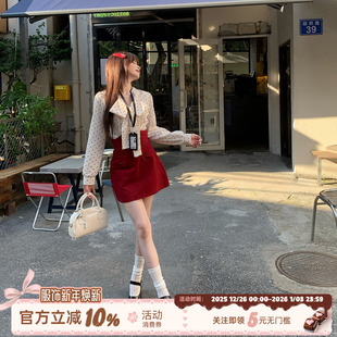 套装 织物猪 衬衫 高智感通勤风红色波点长袖 女早秋短裙子 心动蔷薇