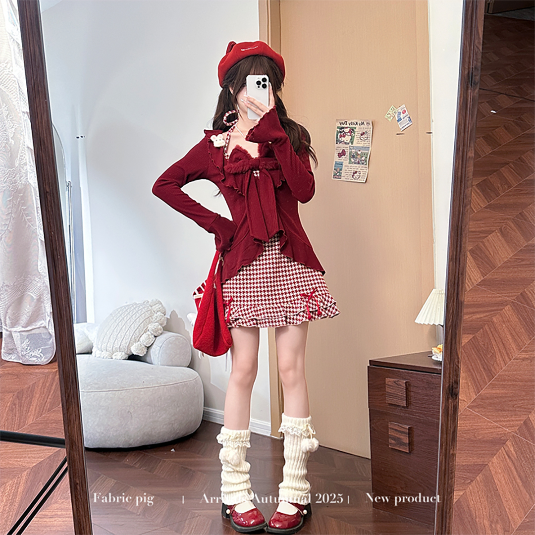 甜美风红色千鸟格挂脖连衣裙女