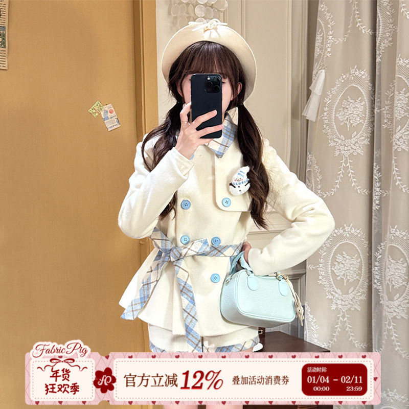 织物猪 暖冬恋歌 千金感拼接格纹毛呢外套女秋冬束腰风衣夹克上衣