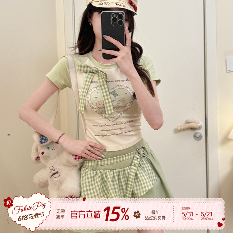 织物猪 爱熊物语 甜酷风撞色爱心印花短袖女夏季修身显瘦正肩上衣
