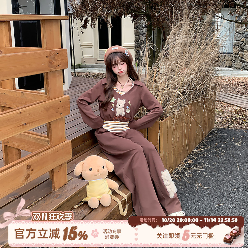 甜美风休闲套装刺绣卫衣阔腿长裤