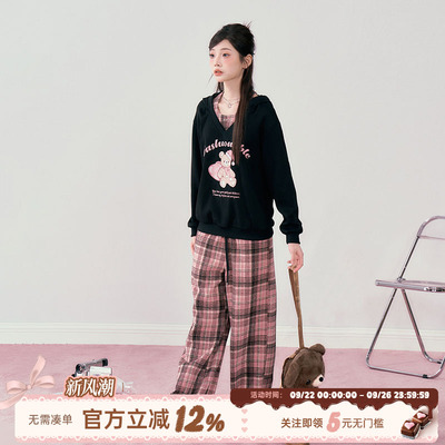 织物猪 紫芋恋人 甜酷风格纹休闲裤女小个子早秋慵懒风阔腿长裤子