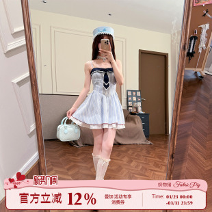 纹吊带连衣裙女春夏收腰拼接短裙子 甜美学院风格 织物猪 海盐信礼