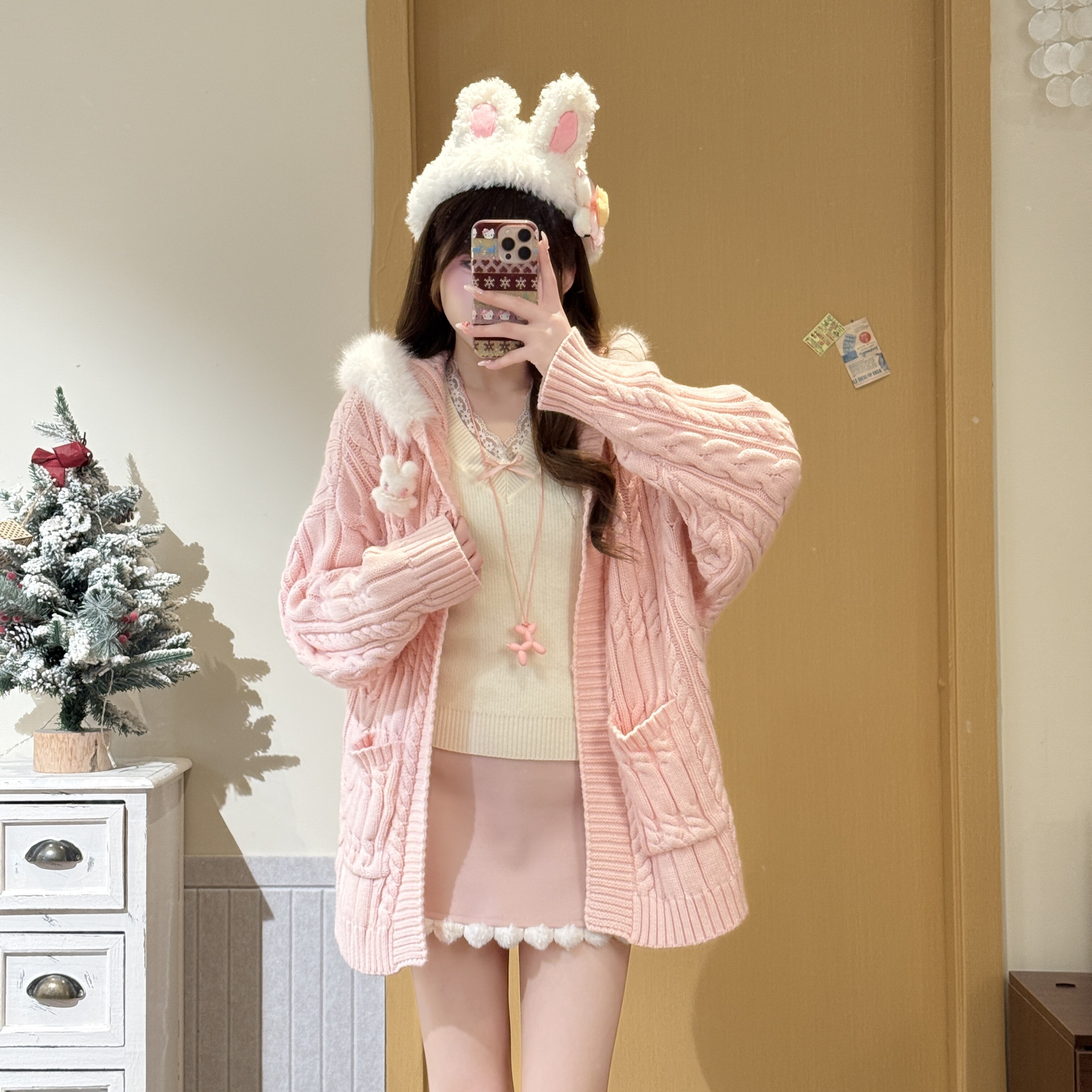 织物猪 甜杏少女 甜美风粉色连帽毛衣外套女秋冬麻花开衫针织衫