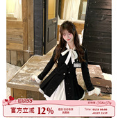 黑色外套拼接短裙 学院风假两件连衣裙女秋冬新款 织物猪 东城学姐