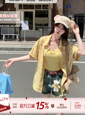织物猪 盛夏繁星 甜美风休闲宽松印花格纹衬衫上衣女百搭短袖外套