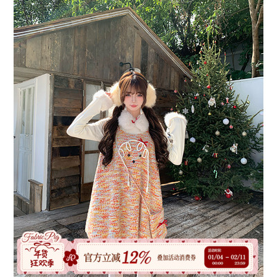 甜美风假两件毛呢连衣裙女秋冬