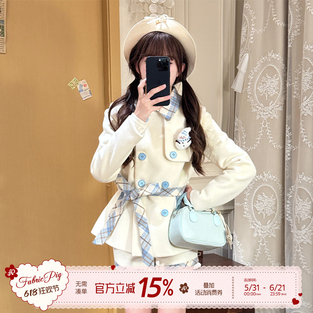 织物猪 暖冬恋歌 千金感拼接格纹毛呢外套女秋冬束腰风衣夹克上衣
