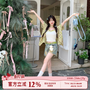 上衣女休闲百搭短袖 甜美风绿色宽松格纹衬衫 外套 盛夏繁星 织物猪