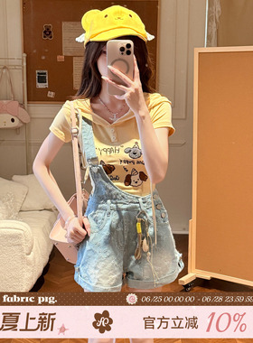 织物猪 奶油小狗 甜美风蓝色牛仔背带裤女小个子俏皮减龄可爱短裤