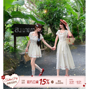织物猪 夏日晚晴 甜美风刺绣娃娃领连衣裙女夏小个子减龄可爱短裙