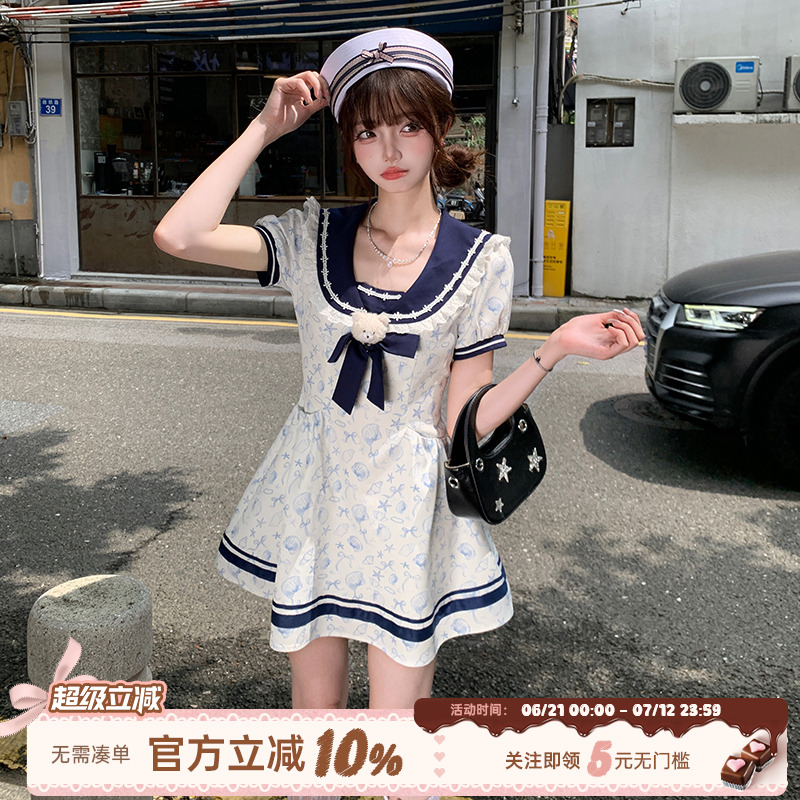 织物猪 盐系少女 学院风海军领短袖连衣裙女夏季小个子印花短裙子