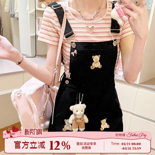女夏小个子减龄短裤 甜酷风黑色刺绣牛仔背带裤 贩卖小熊糖 织物猪