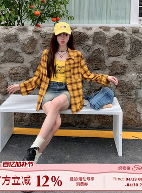 织物猪 芒果罐头 美式复古黄色格纹长袖衬衫女春夏甜酷风衬衣外套