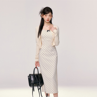 【直播间专属】织物猪 波波奶茶 波点吊带连衣裙套装女春季穿搭
