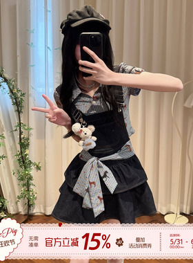 织物猪 森林小玛 少女感黑色牛仔连衣裙女夏小个子可爱减龄背带裙