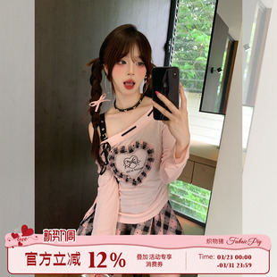 织物猪 暗黑甜酷风粉色吊带连衣裙女收腰蕾丝格纹短裙子 黑化甜心