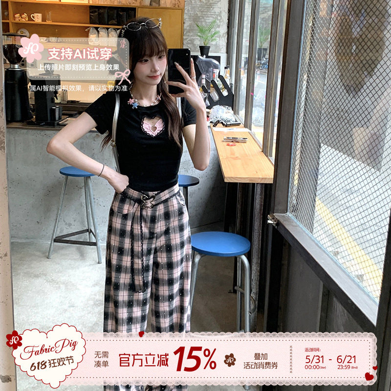 织物猪 黑桃甜心 黑粉色烫钻休闲格子裤女夏垂感宽松直筒长裤子