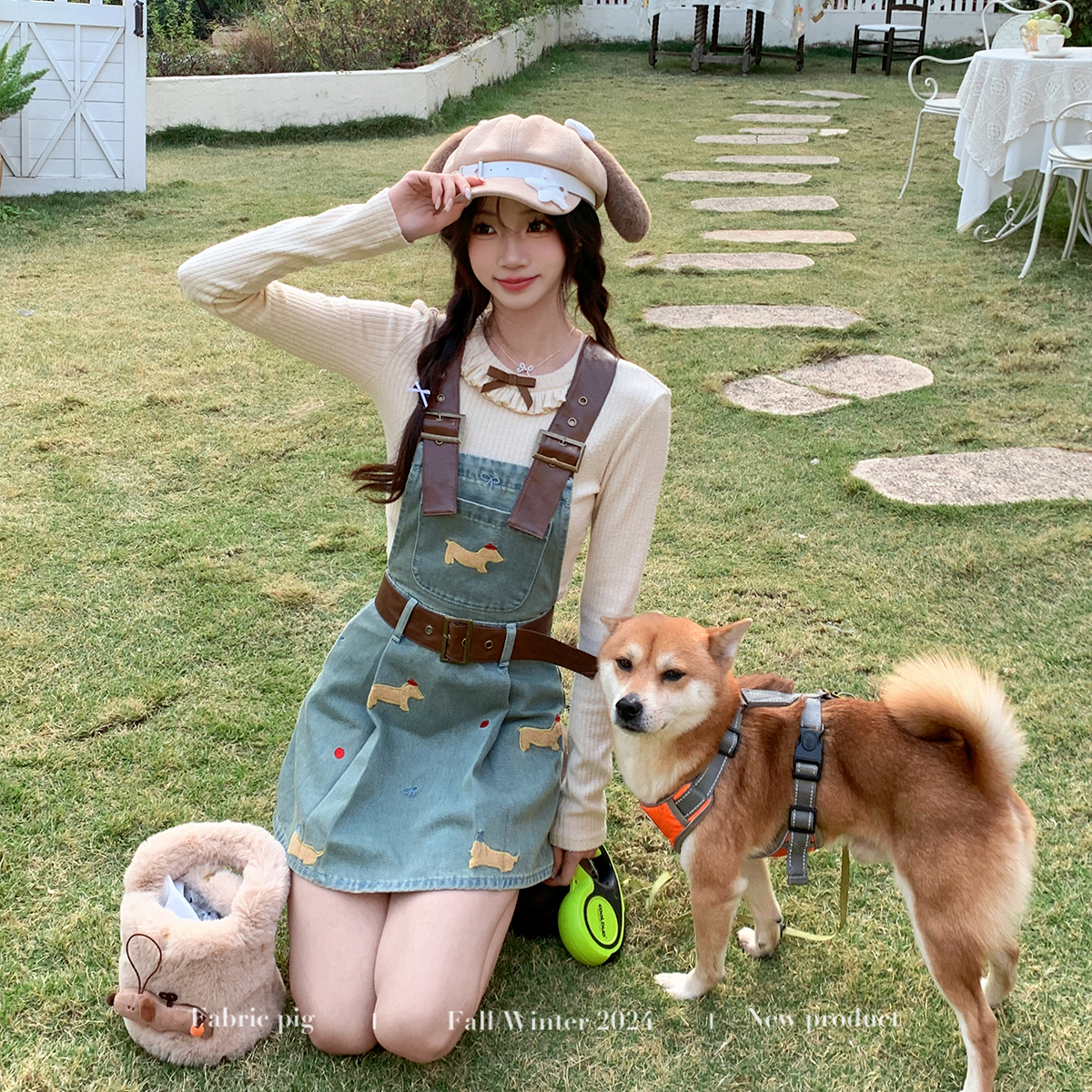 织物猪 布丁小狗 少女减龄牛仔背带连衣裙女秋季小个子蓝色短裙子