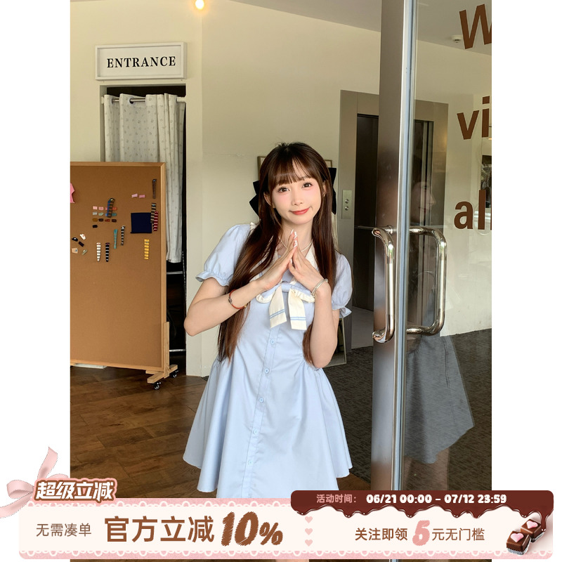 织物猪 蓝色岛屿 甜美学院风泡泡袖连衣裙女夏季小个子公主短裙子