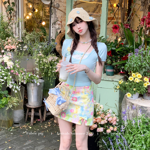 夏日氛围感a字花绘半身裙女夏季 小个子高腰短裙 油画之境 织物猪