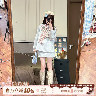 两件套 甜美风蓝色夹棉外套女蝴蝶结上衣短裙套装 织物猪 翻糖兔兔