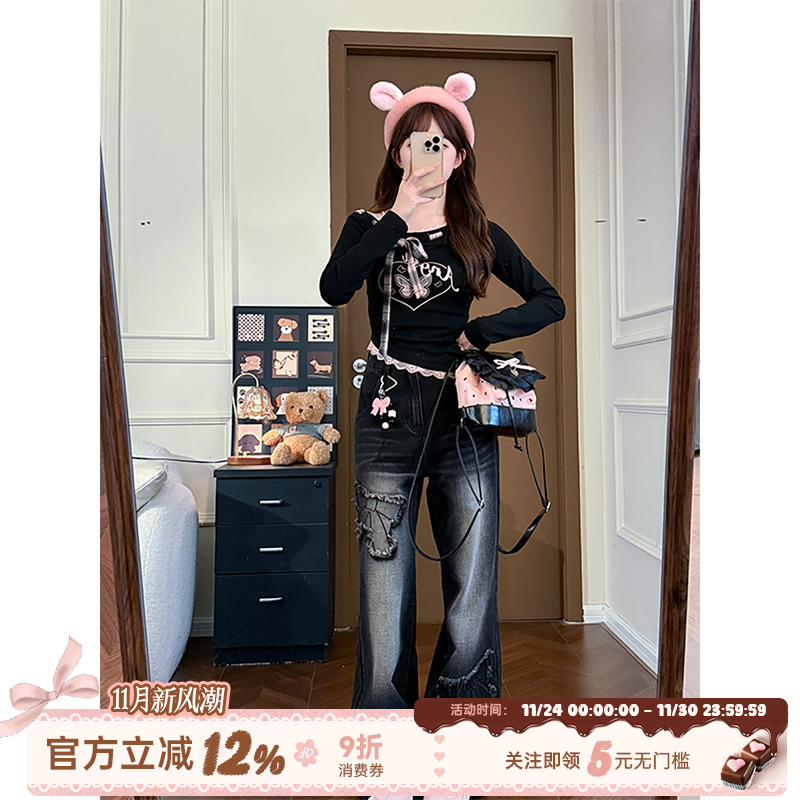 黑色水洗阔腿直筒牛仔裤女