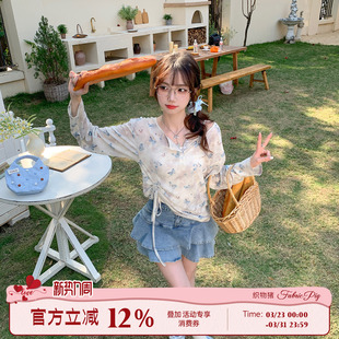 T恤女夏季 蝴蝶印花长袖 薄款 防晒衣 织物猪 牛仔半裙套装 西野暮色