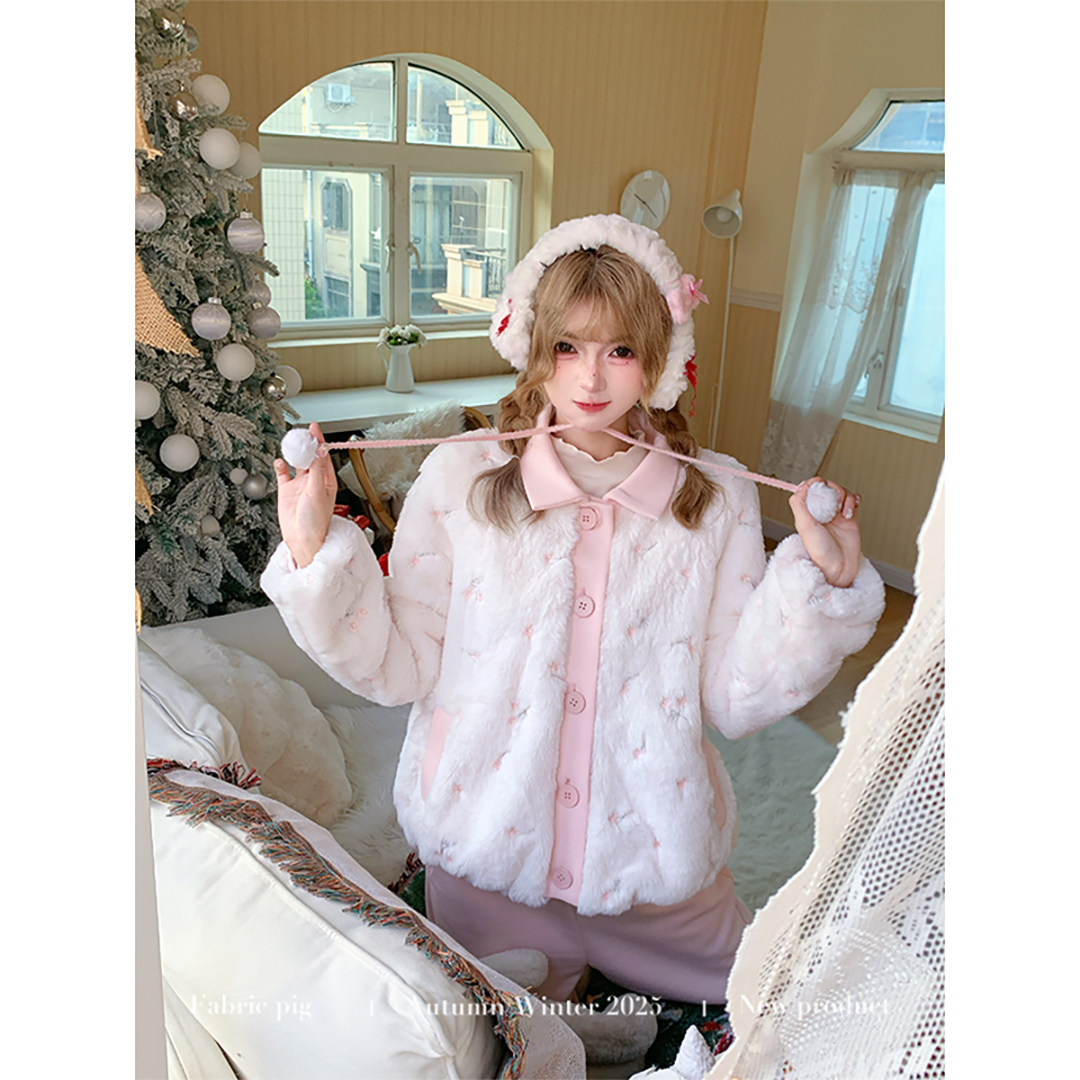 甜美风奶白翻领毛外套女冬