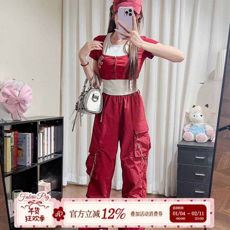 织物猪 莓霜心跳 红色大口袋薄款工装休闲裤女夏高腰宽松直筒长裤,女装/女士精品,休闲裤,淘宝优惠券,粉丝福利购,淘宝优惠卷