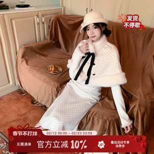 【直播间专属】织物猪 都市甜心 千金风波点连衣裙miu系斗篷长裙