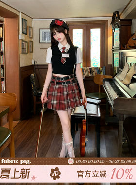 复古学院风假两件短袖衬衫套装女