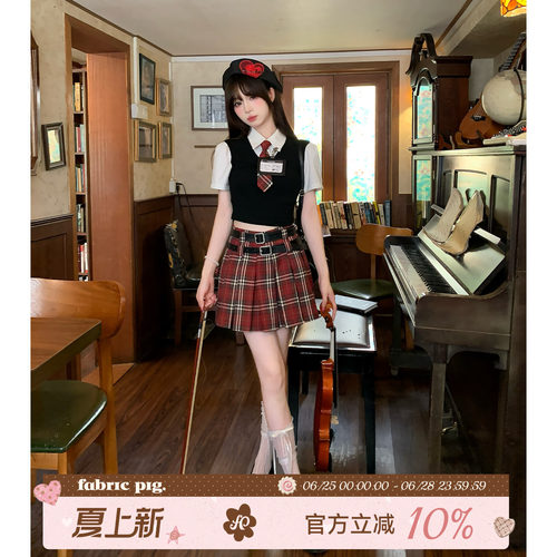 复古学院风假两件短袖衬衫套装女