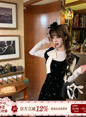 织物猪 月光晚宴 甜美千金风假两件丝绒连衣裙女冬季烫钻黑色长裙