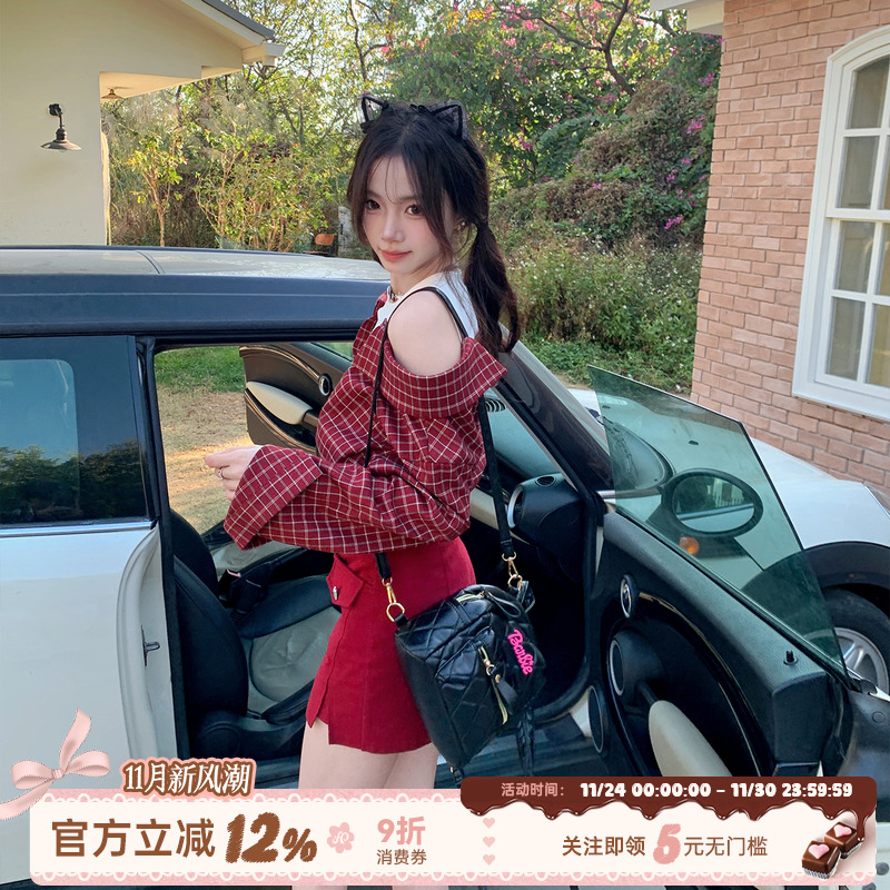 织物猪 春日辣妹 韩系甜辣风露肩上衣女早秋格纹假两件设计感衬衫