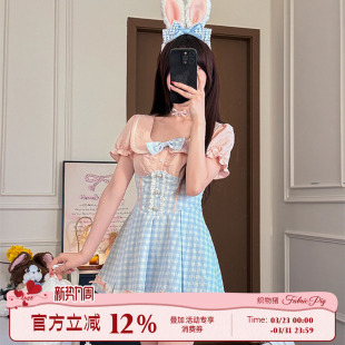 子泡泡袖 学院风格 连衣裙女夏甜美收腰拼接短裙子 粉蓝日记 织物猪