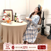 织物猪 摩卡小熊 蓝色假两件格纹连衣裙女秋冬少女学院风花苞长裙