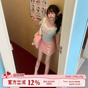 织物猪 桃桃曼波 蓝粉穿搭多巴胺短裙女甜妹夏日绝美半身小裙子