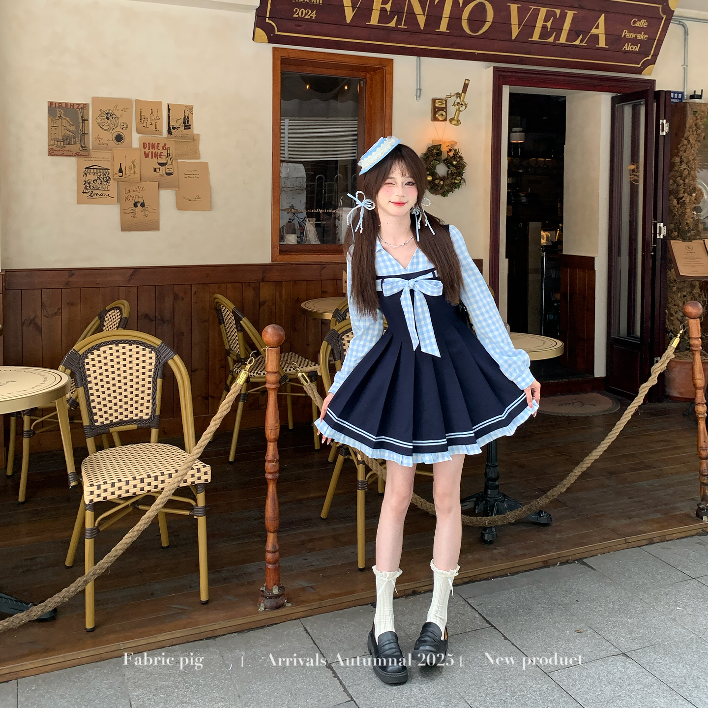 学院风格纹假两件连衣裙