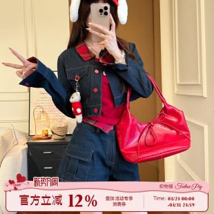 女秋高腰显瘦短裤 织物猪 外套上衣红色吊带套装 蓝色短款 甜莓牛仔