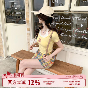 T恤 织物猪 印花短袖 甜美风多巴胺套装 格子半身裙两件套 奶黄小熊