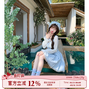 连衣裙女春蓝色蕾丝边公主短裙 甜美风方口领长袖 织物猪 海盐甜霜