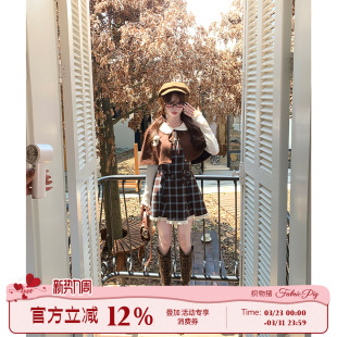 纹假两件连衣裙女初秋甜美拼接收腰短裙 学院风格 织物猪 陨石拿铁