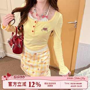 织物猪 橙子汽水 甜美风格纹碎花短裙女早春黄色度假高腰半身裙