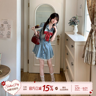 织物猪 甜莓假日 甜美少女风牛仔衬衫连衣裙女夏收腰蝴蝶结短裙子