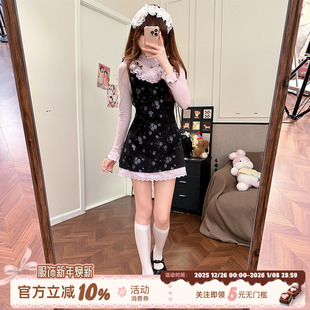 织物猪 甜美风撞色碎花连衣裙女初秋蕾丝拼接短裙子 紫藤花之恋