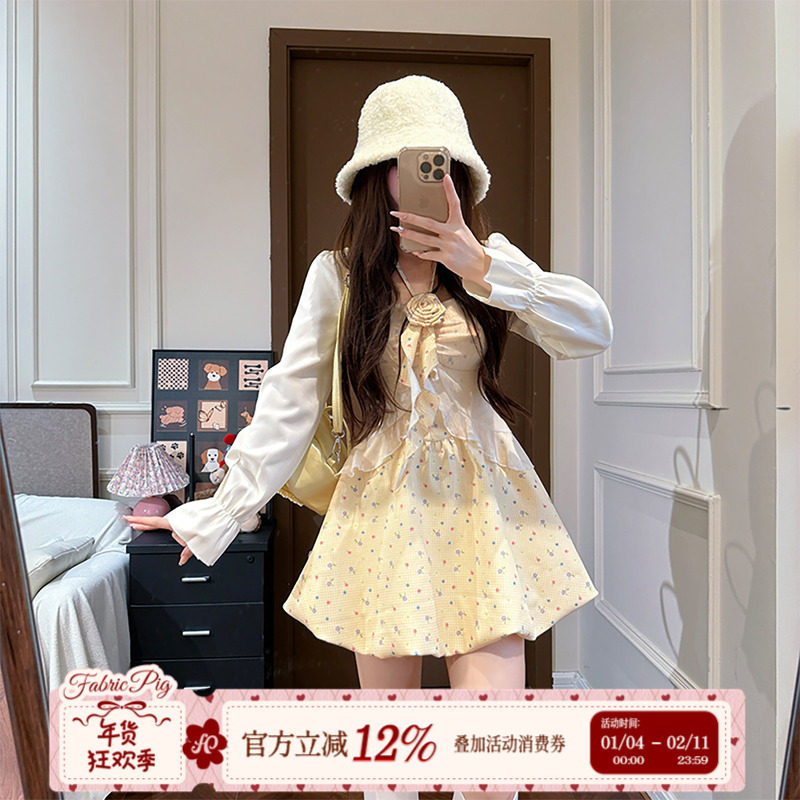 织物猪 奶油布丁 甜美风黄色格纹碎花连衣裙女秋拼接方口领花苞裙,女装/女士精品,连衣裙,淘宝优惠券,粉丝福利购,淘宝优惠卷