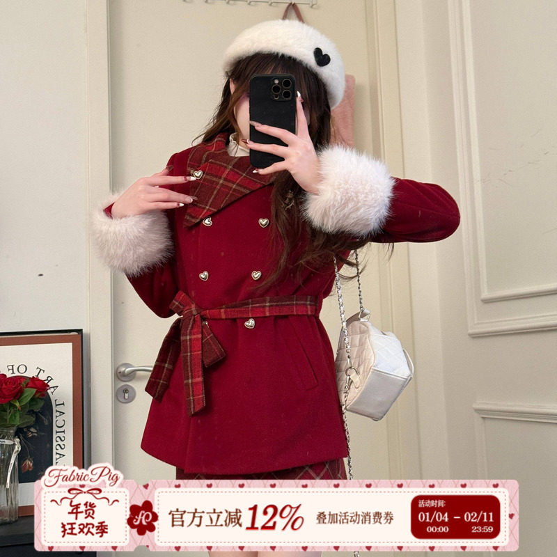 织物猪 冬日惊喜 红色拼接格纹外套女冬季新年穿搭不规则西装上衣,女装/女士精品,时尚套装,淘宝优惠券,粉丝福利购,淘宝优惠卷