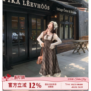 织物猪 复古格纹假两件连衣裙女秋冬一字肩收腰长裙子 焦糖玛奇朵